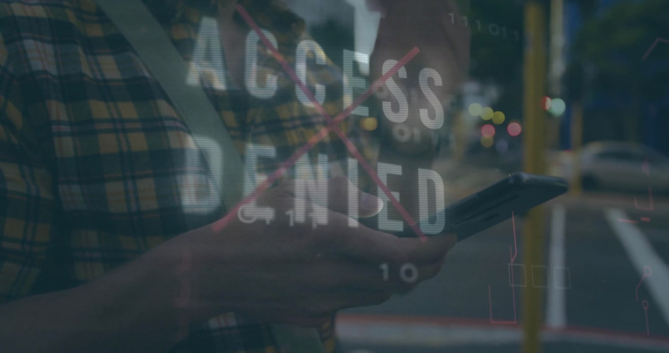 man tapping smartphone at crosswalk dusk, accessing tech overlay shifting into pulsing red denial