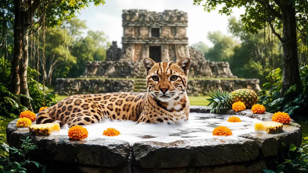 Ocelot relaxing in a tropical bath