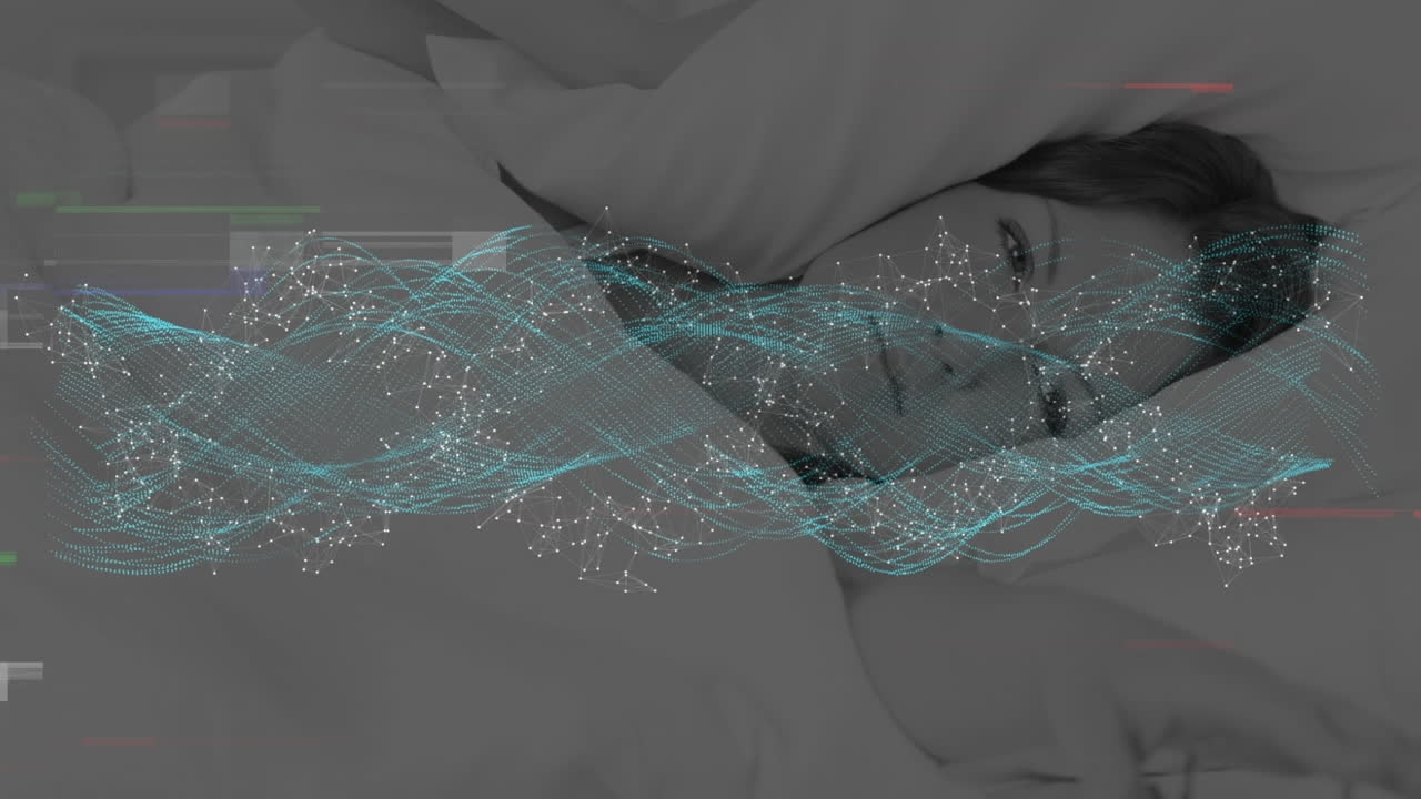 Animation of glitch technique, dots and waves forming dna helix over caucasian woman lying on bed