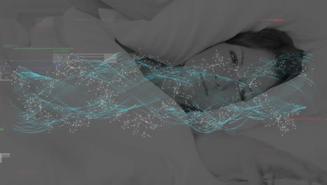 animación de la técnica de glitch, puntos y ondas formando una hélice de adn sobre una mujer caucásica acostada en la cama