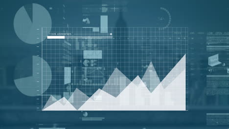 animation of graphs, loading bar and trading board over modern city against sky