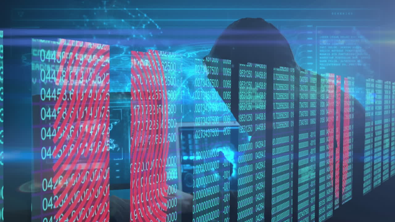 Hooded hacker uses laptop amid animated screens with numbers and fingerprints.