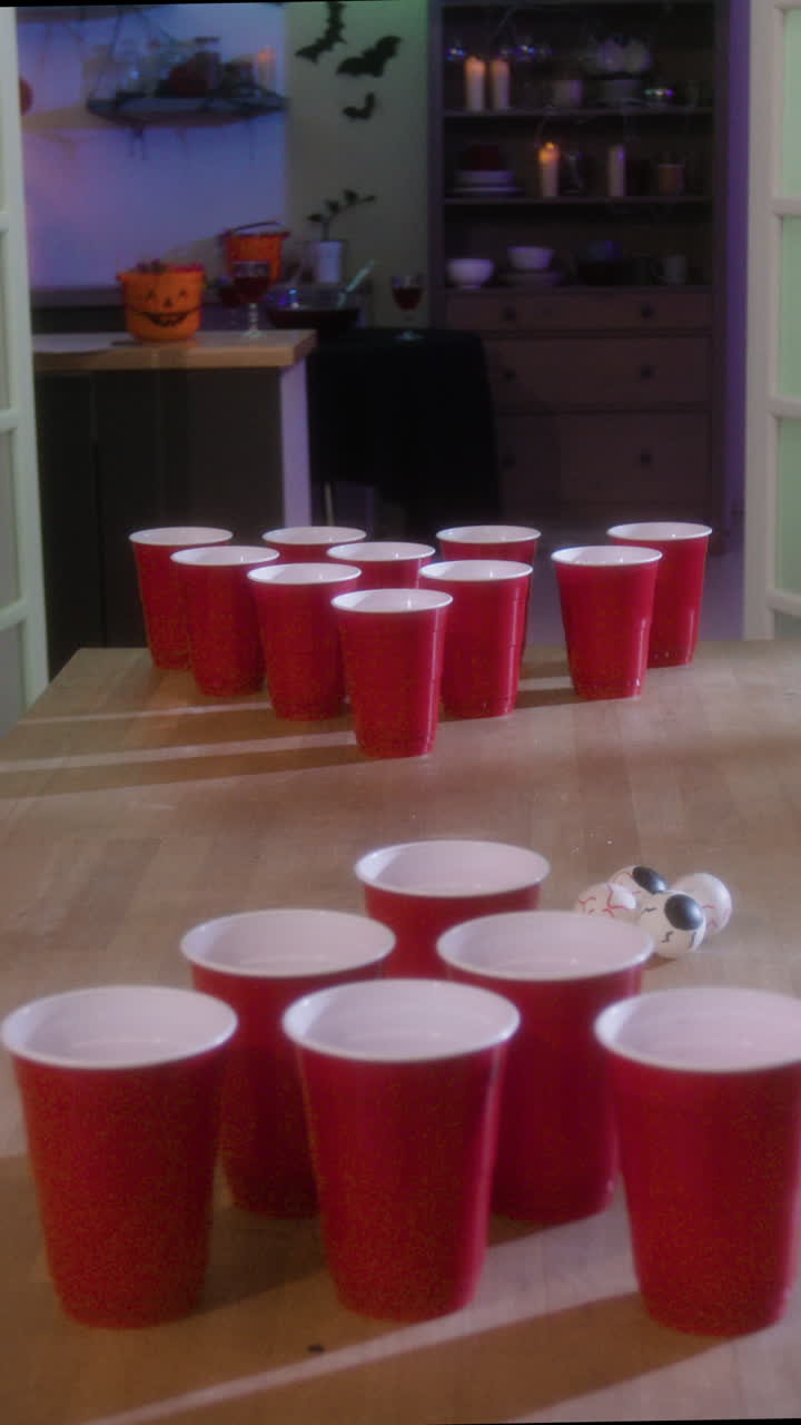 Beer Pong Game with Halloween Decor