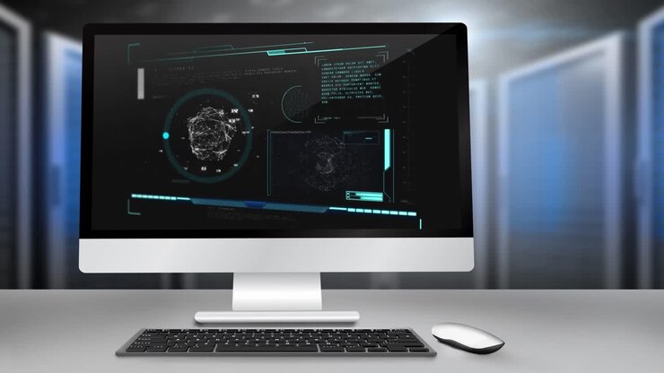 Animation of data processing on computer over server room
