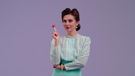 woman in vintage attire with a lollipop