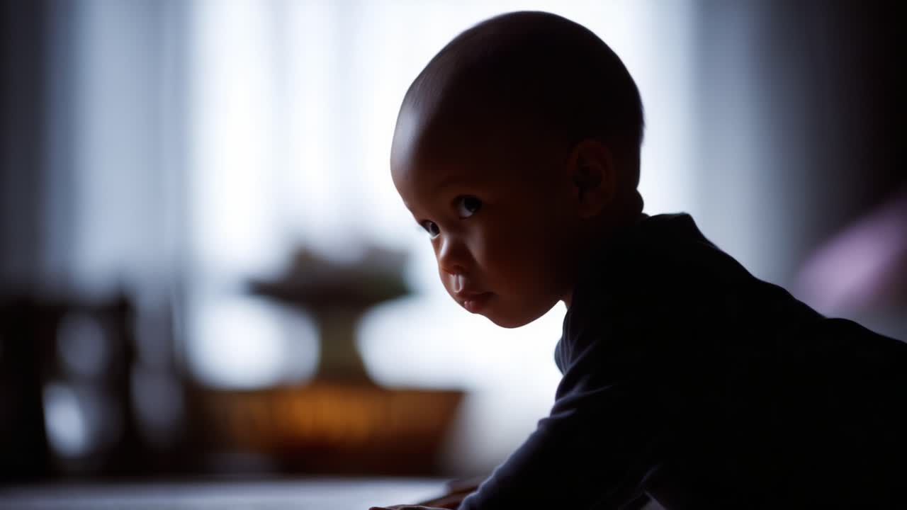 Momenti teneri: un bambino che gattona nella luce soffusa, catturando l'innocenza e la curiosità dell'infanzia in due immagini di gioiosa scoperta ed esplorazione