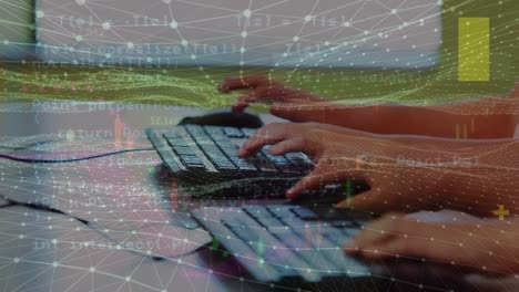 Animation of data processing over hands of caucasian children typing on keyboards
