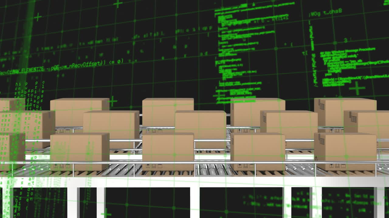 Animation of grid pattern and computer language over cardboard boxes on conveyor belt