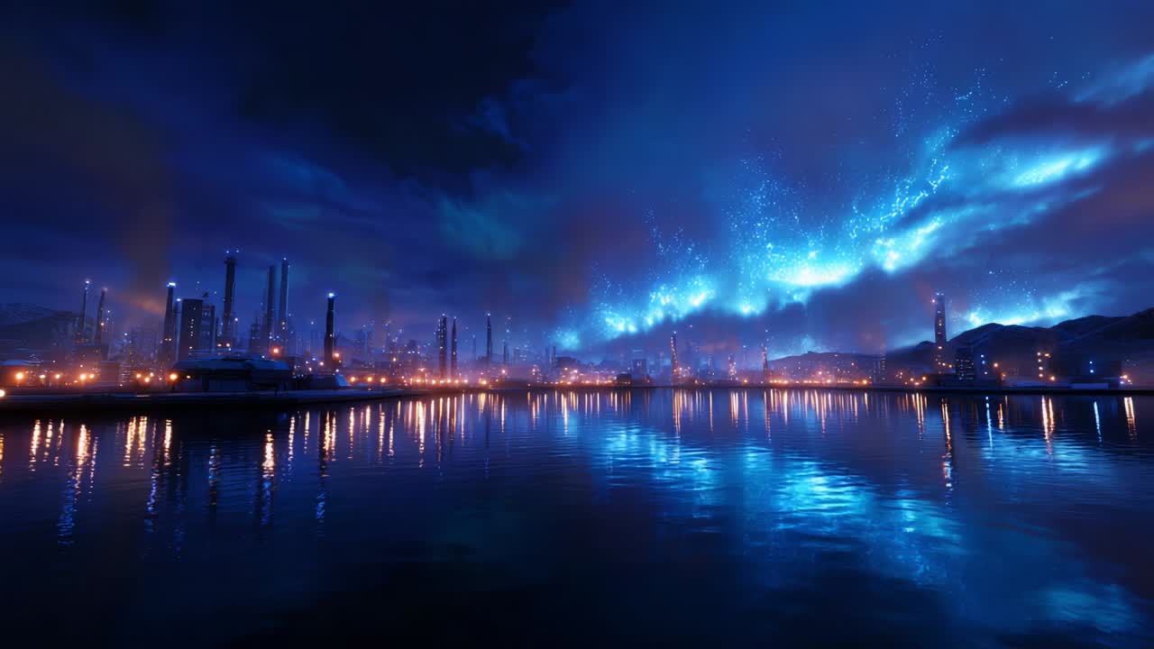 Dramatic Nightscape Over Industrial City with Reflections on Water Surface and Illuminated Structures Understarry Sky, Showcasing the Beauty of Technology and Nature Interacting in Harmony