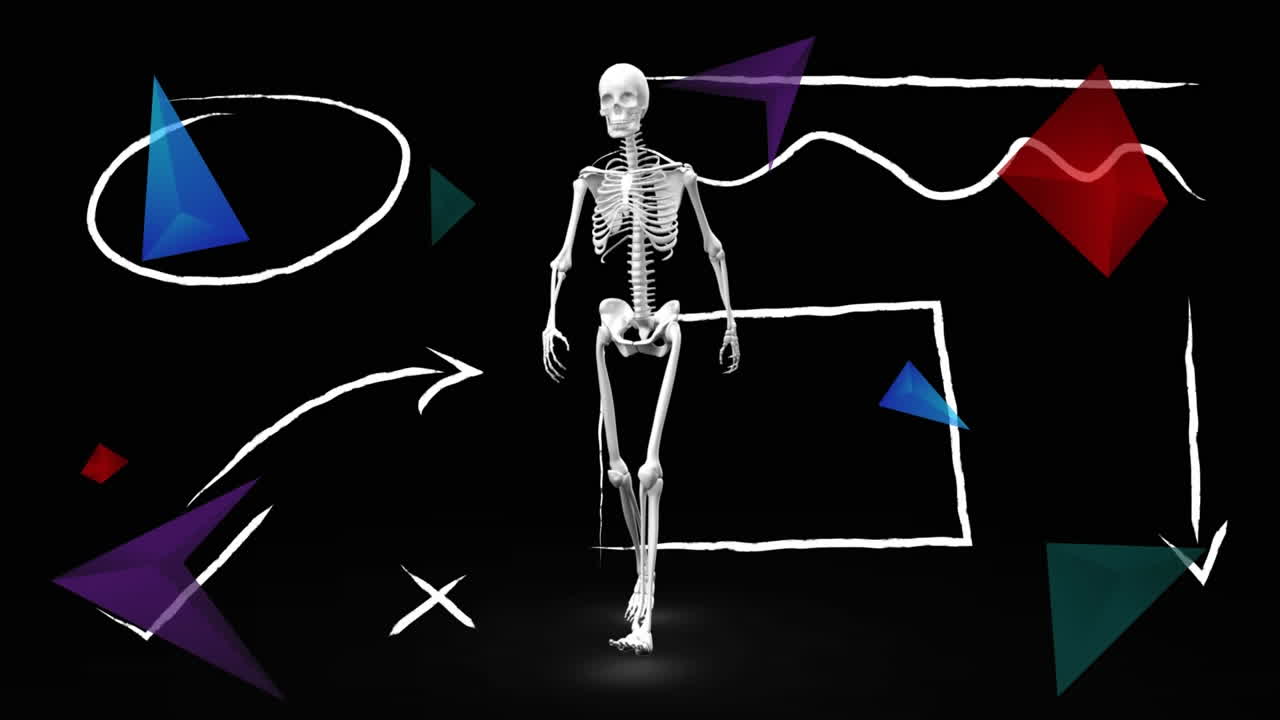 animación de esqueletos humanos caminando e iconos y flechas escritas a mano