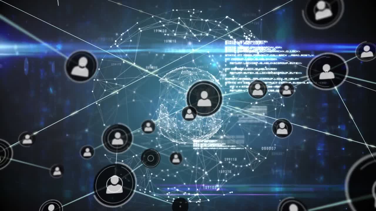 Animation of network of profile icons over spinning globe, blue light trails and data processing