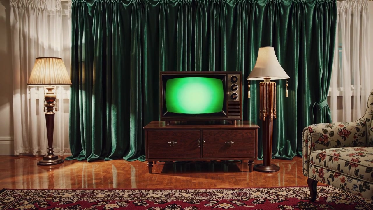 Vintage Television with Green Screen in a Retro Living Room