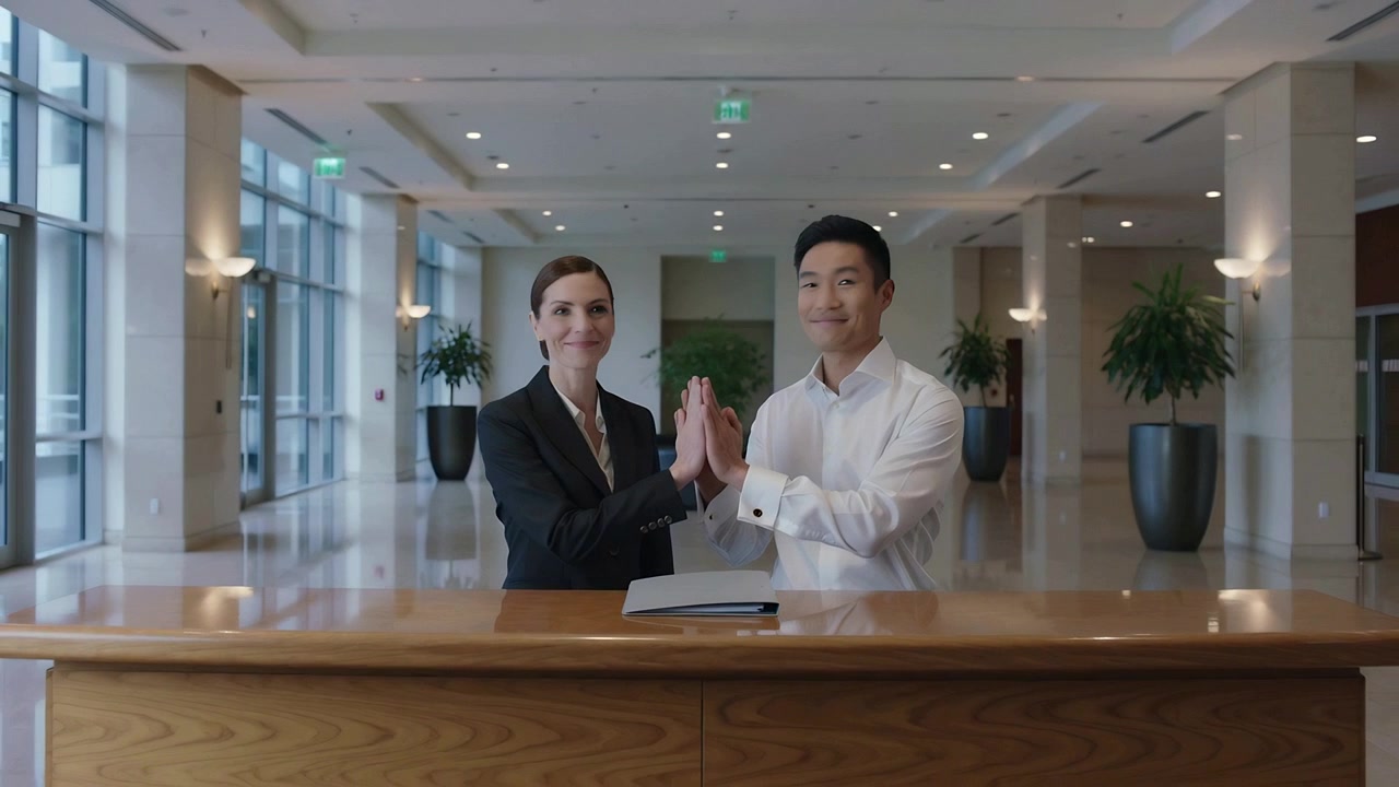 Personale della reception sorridente che si scambia uno sguardo, unendo i palmi e applaudendo alla scrivania in abiti eleganti in segno di celebrazione.