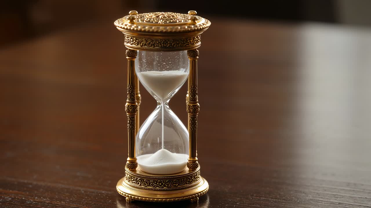 Timer starting antique hourglass trickling white sand over wooden table, measuring time