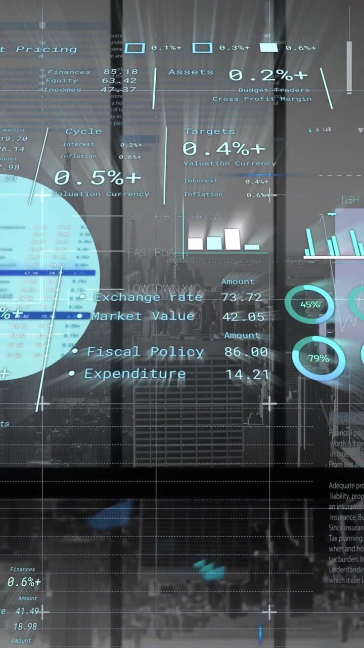 Animasjon av finansdatabehandling over bybilde