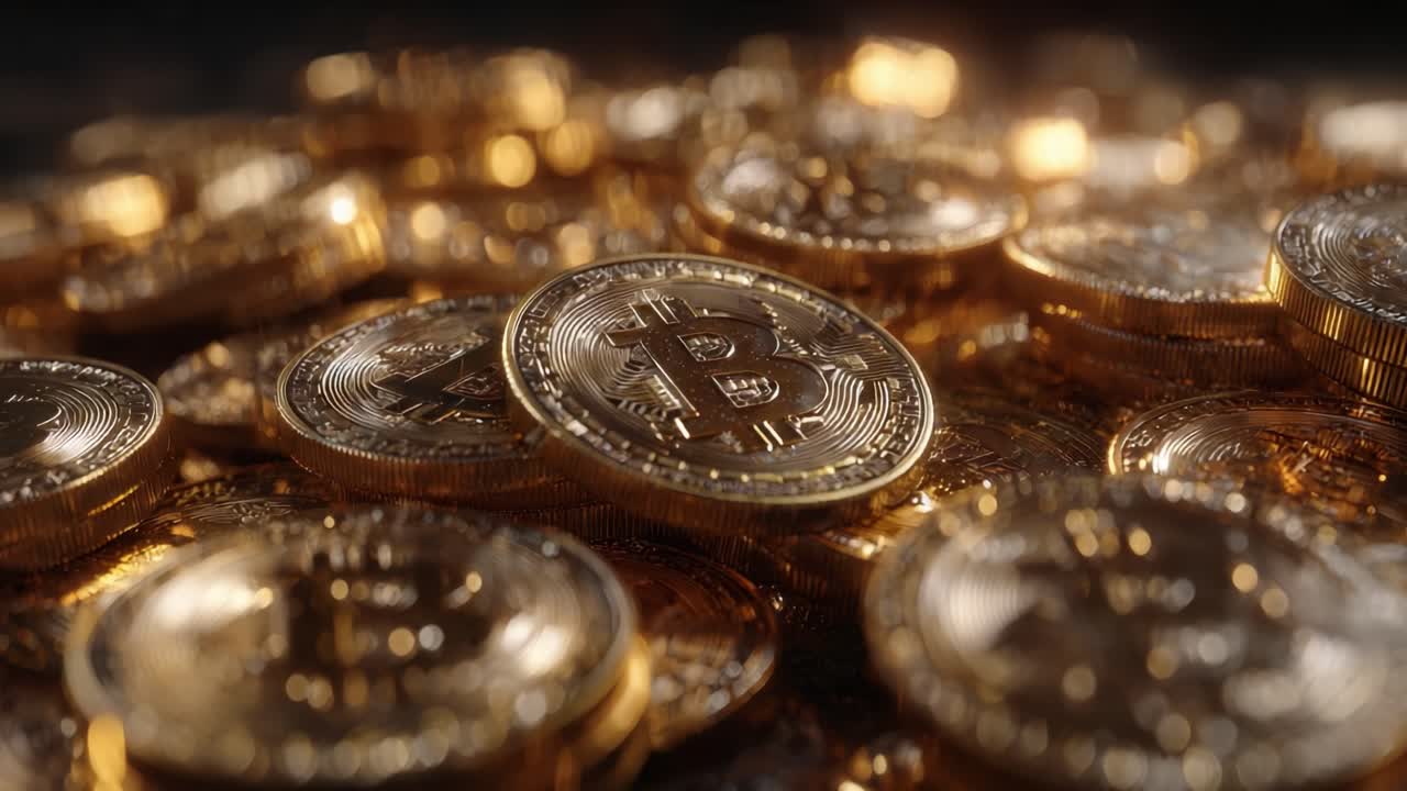 An Abundant Display of Golden Cryptocurrency Coins: A Focus on Bitcoin's Intricate Design and the Surging Interest in Digital Assets in Today's Economy