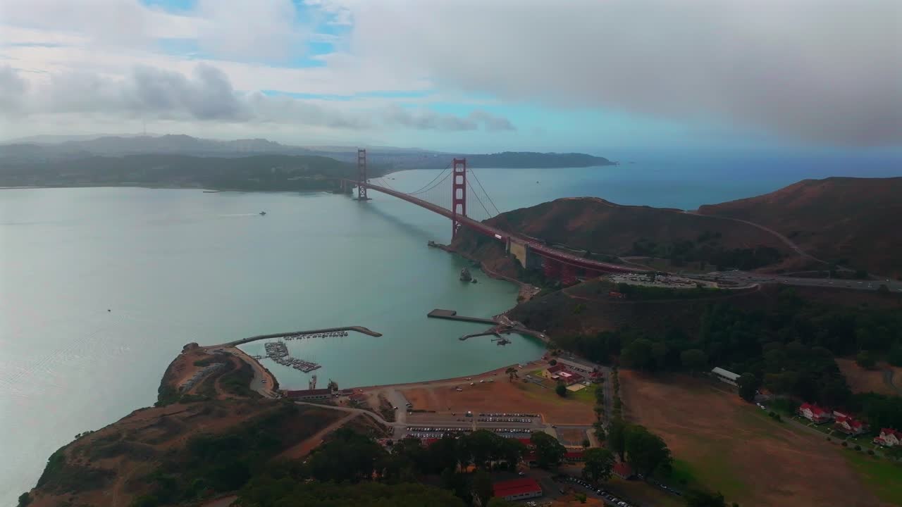 Point Cavallo Needles Rock Horseshoe Bay Area San Francisco Golden Gate Bridge aerial drone California boats Dana Bowers Vista Point cloudy mist misty fog blue skies Sausalito cars traffic backwards