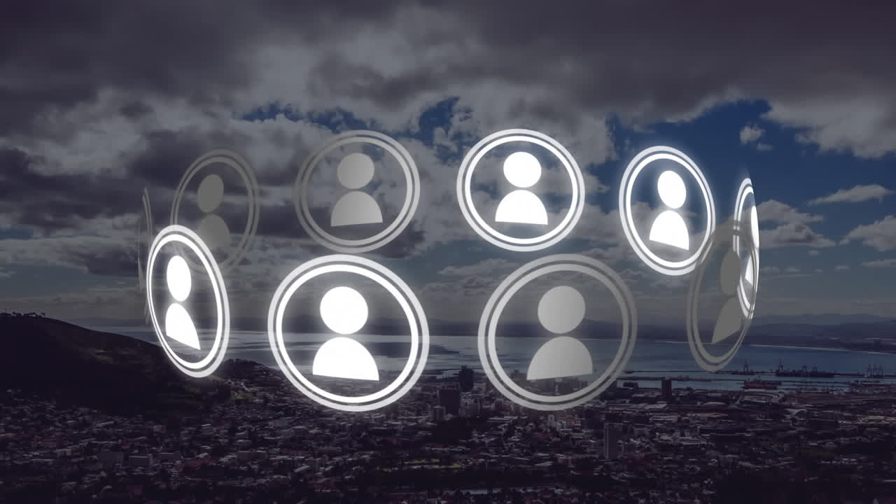 animación del logotipo de personas con la ciudad en el fondo