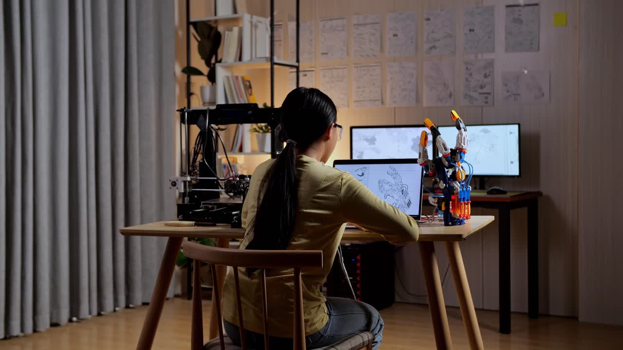 3d 프린팅으로 집에서 노트북에 사이보그 손을 디자인하는 십대 아시아 소녀의 뒷면
