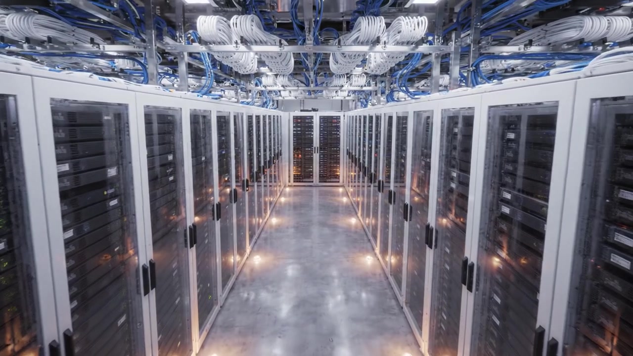 A Comprehensive View of a Modern Data Center Featuring Server Racks, Network Cables, and Organized Infrastructure for Optimal Data Management and Processing Efficiency