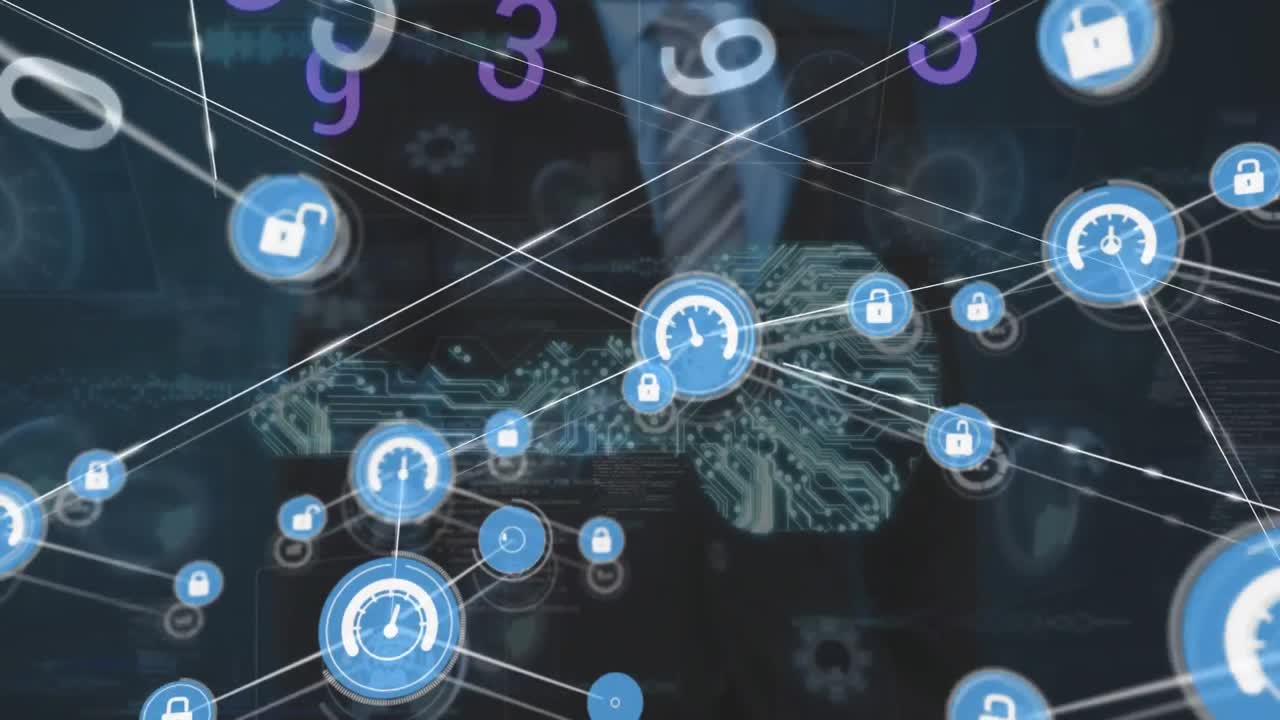 animación de la red de conexiones sobre el empresario caucásico y el procesamiento de datos