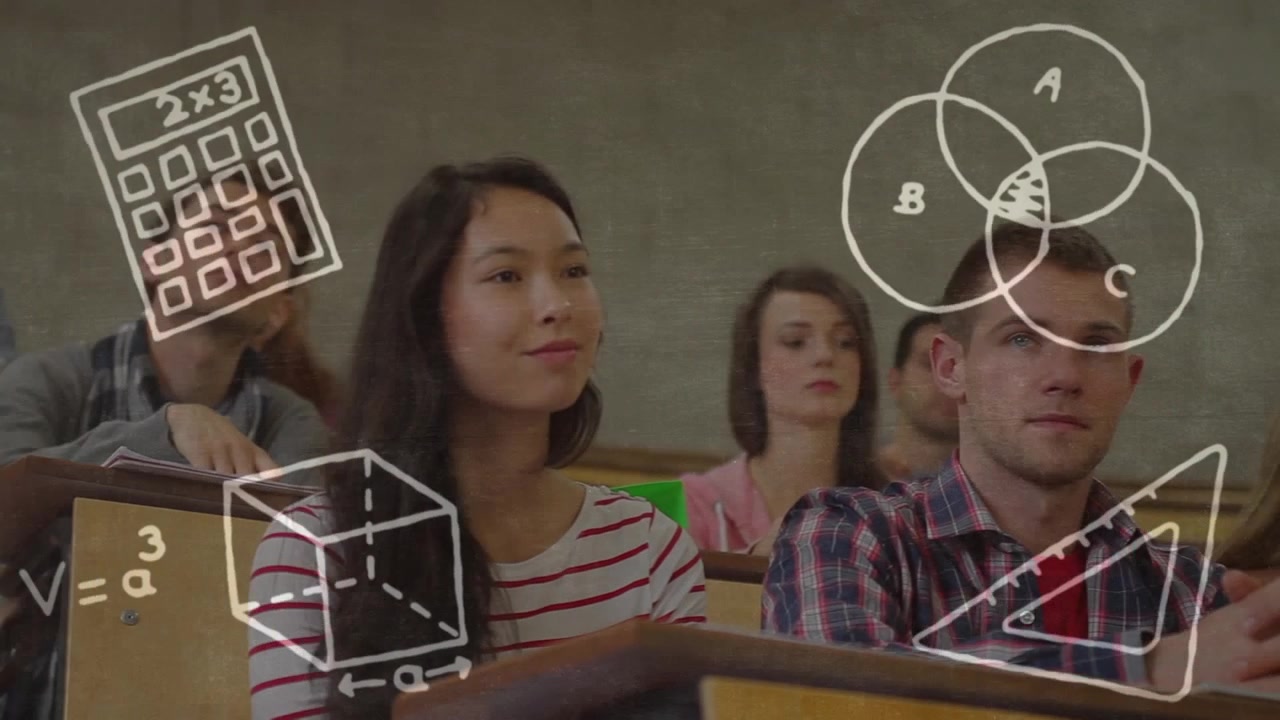 Animación de iconos de conceptos matemáticos sobre niños con temática matemática usando mascarillas.