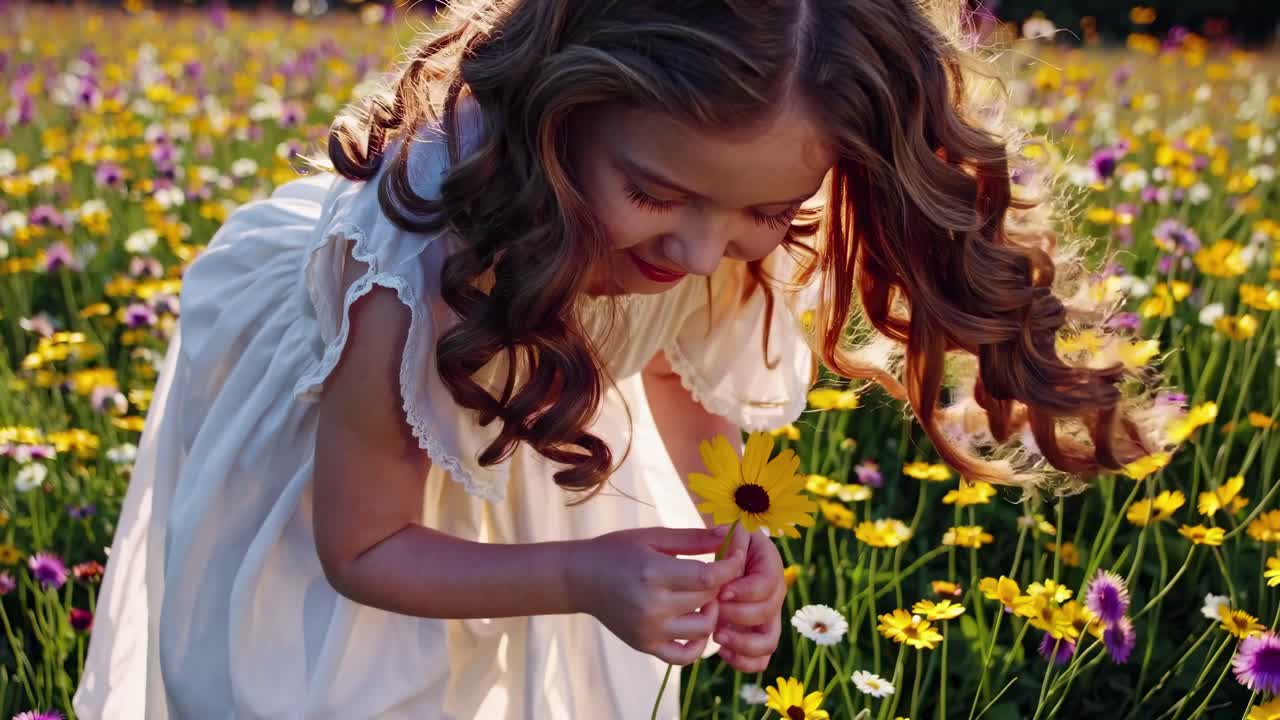 A young girl in a white dress picks flowers in a vibrant field. Captured from a low angle, the video