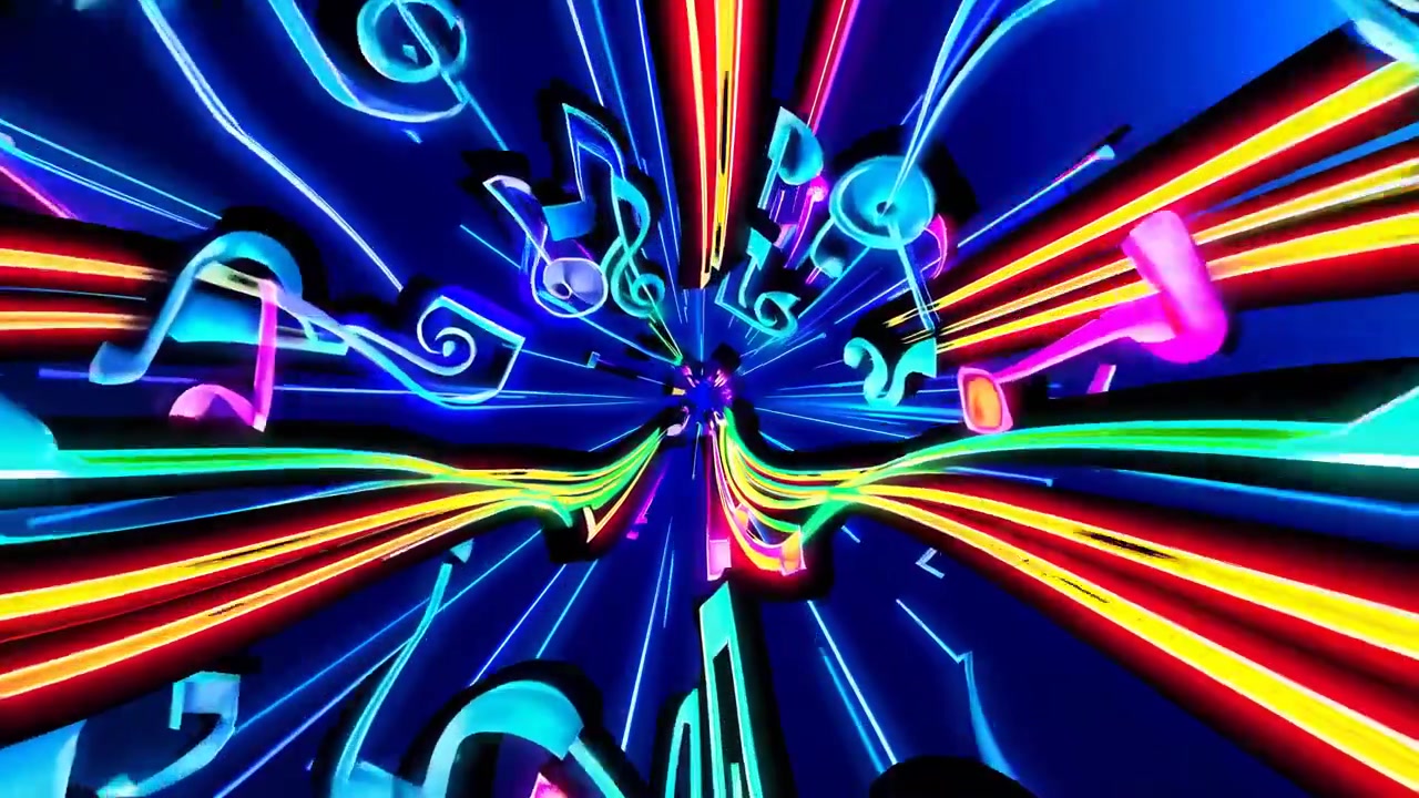 Tunnel astratto di note musicali al neon luminose e scie di luce