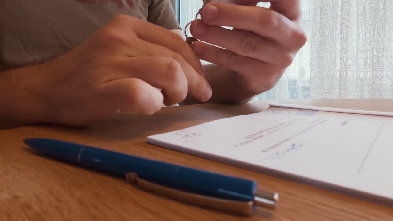 Close-up of hands signing a rental or purchase agreement and receiving keys. Perfect for real estate, leasing, home ownership, or property transaction scenes