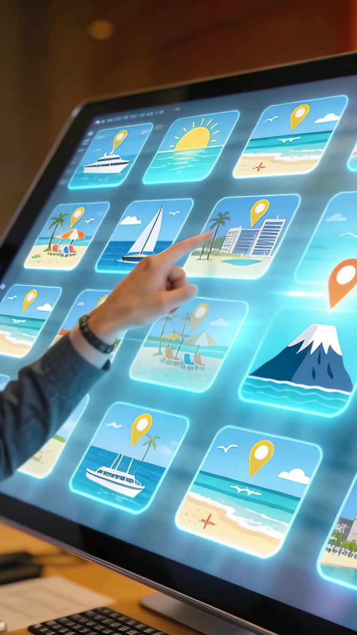 Vertical video: Approaching hand in suit, tapping swiping travel icons on office screen, browsing
