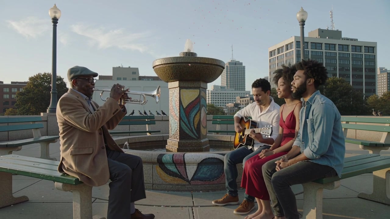 Playing guitarist starting at plaza fountain, trumpet flat cap answering singers singing together