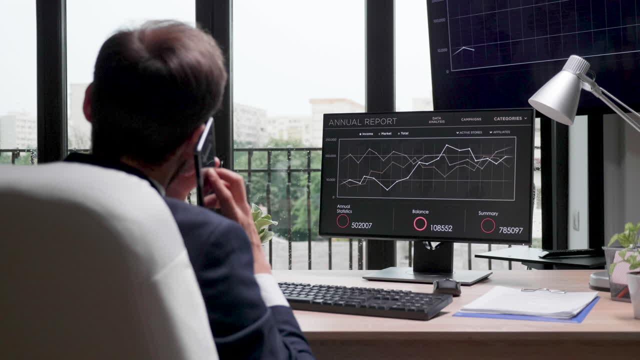 Businessman working in the office with data analysis and financial reports on computer screens