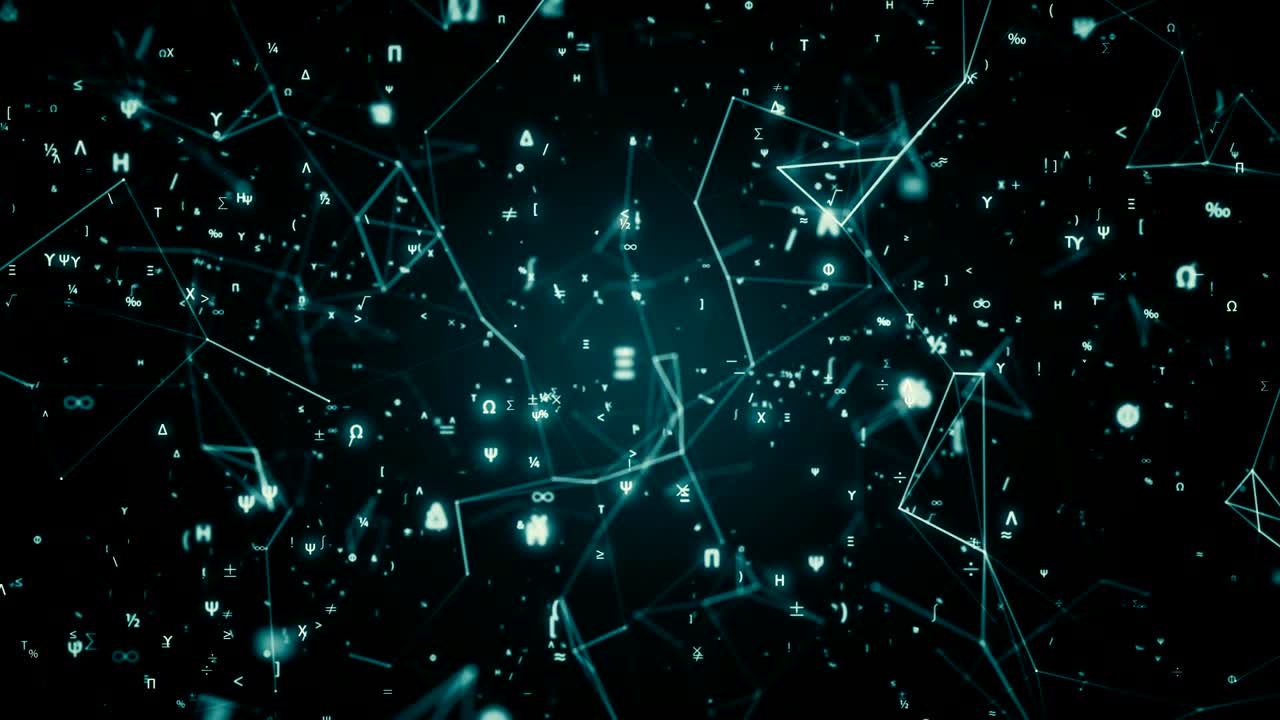 animación futurista digital con símbolos matemáticos y físicos y cuadrícula de red de malla