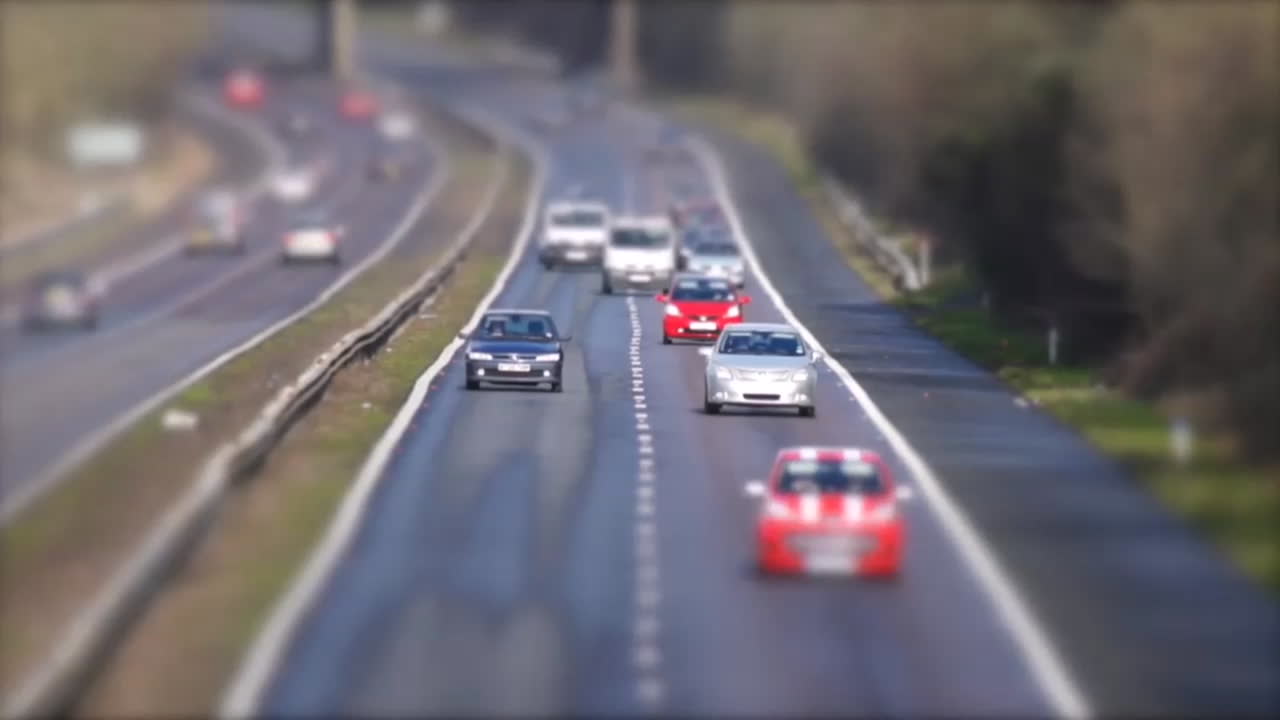 cinemagraph y cambio de inclinación del tráfico en una autopista con solo el carril derecho moviéndose rápido de un lado a otro
