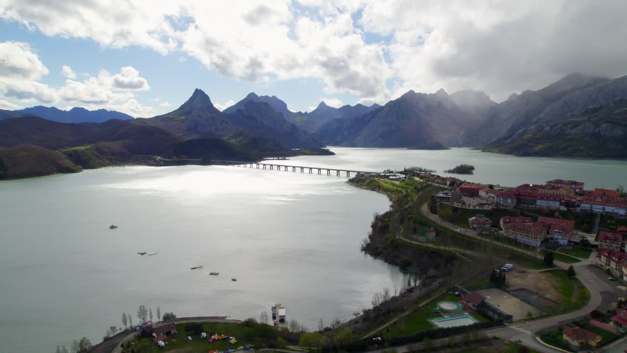Village of Ria&ntilde;o in the province of Castilla y Leon in Spain, situated on a water reservoir in the Cantabrian mountain range