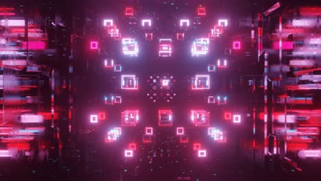 el objeto o estructura 3d gira y se mueve dentro del túnel de espejo de vidrio con luz de neón, reflejos brillantes. marcos. fantástico resumen bg en 4k. vj bucle para mostrar. sci fi bg volar a través del túnel hi tech