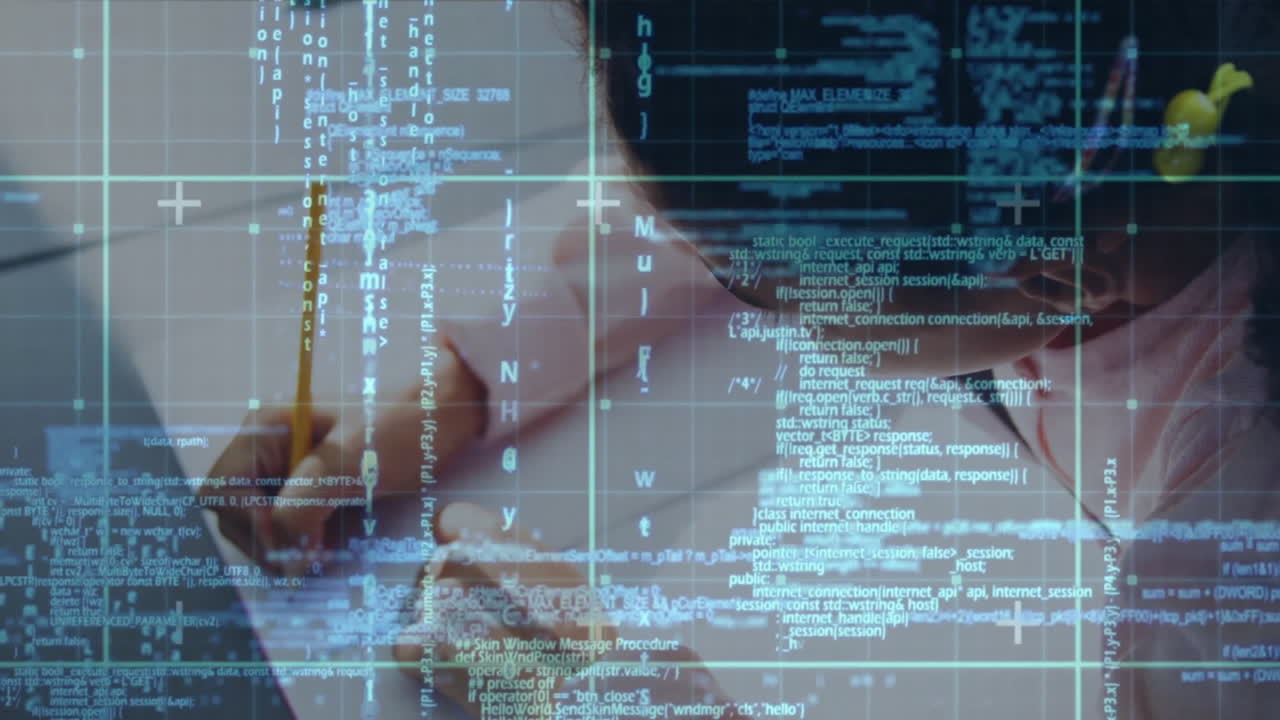 girl student writing code with pencil next to laptop, showing floating tech data grid overlay