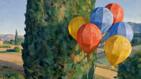 colorful balloons against a rural landscape with a large tree