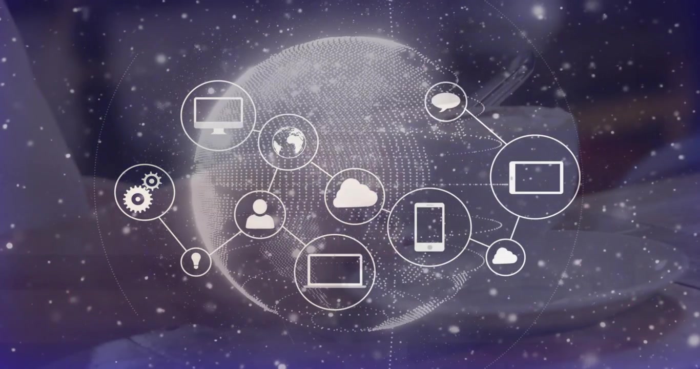 Senior woman stirring coffee cup driving 3D globe with network icons connecting around data flow
