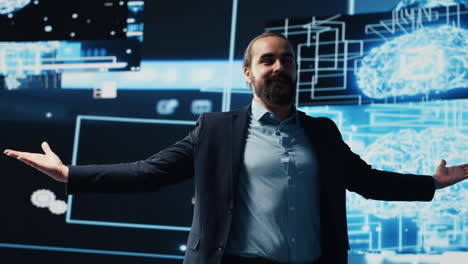 company leader interacting with a digital ai brain symbolizing web platforms