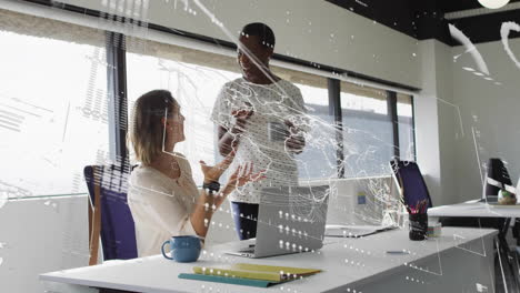 Animation-of-data-processing-and-world-map-over-diverse-female-colleagues-discussing-work