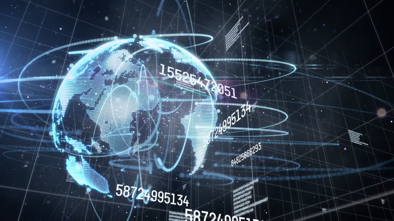 검은 바탕에 회전하는 지구 위의 빛의 흔적에 대항하여 변화하는 숫자의 디지털 애니메이션