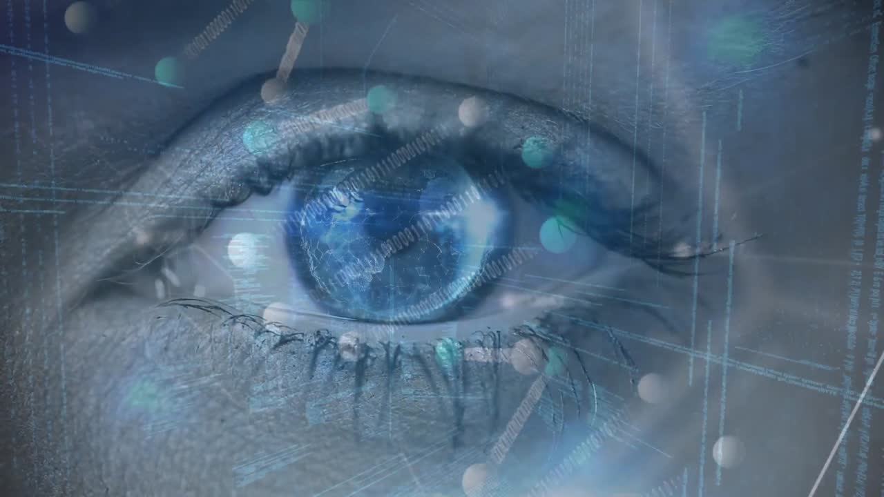 animación de codificación binaria, procesamiento de datos y cadena de adn girando sobre el ojo azul
