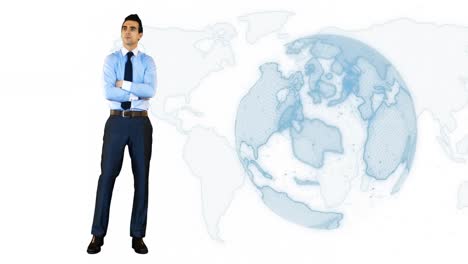 animation of caucasian businessman and globe over world map