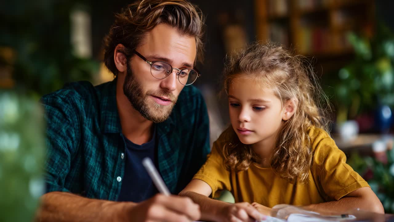 Ein Vater hilft seiner Tochter bei den Hausaufgaben und zeigt einen Moment des Lernens, der Konzentration und der Verbundenheit in einer gemütlichen, gut beleuchteten Umgebung voller Grün.