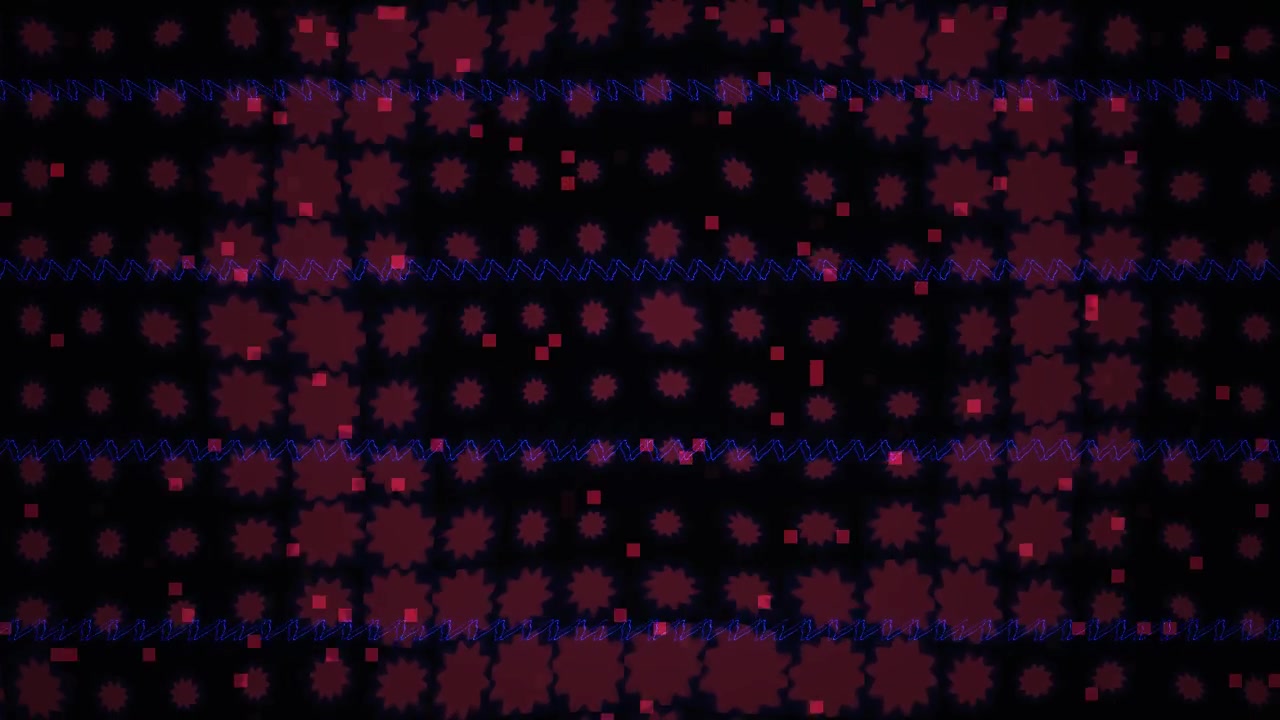 Abstract Digital Background with Pulsing Red Shapes and Blue Wave Lines