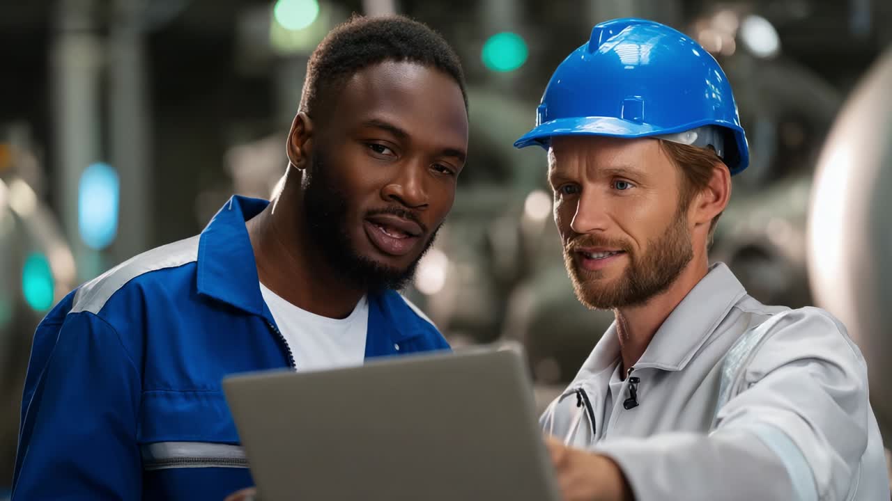 Two engineers collaborating and discussing technical details while reviewing a laptop in a modern industrial setting, showcasing teamwork and communication in an engineering environment