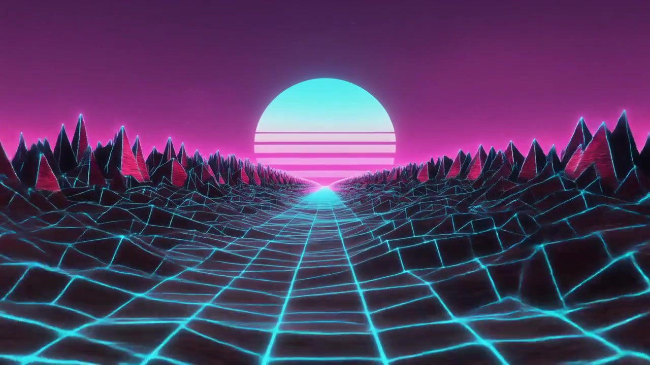 Lanskap Digital Gaya Retro Synthwave dengan Matahari Bercahaya