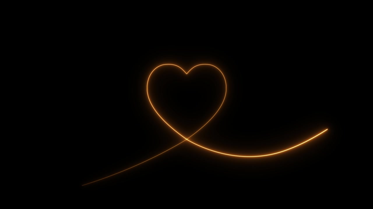 Linea astratta colorata a forma di cuore, simbolo neon fiammeggiante su sfondo nero. Linea neon del battito cardiaco con movimento luminoso