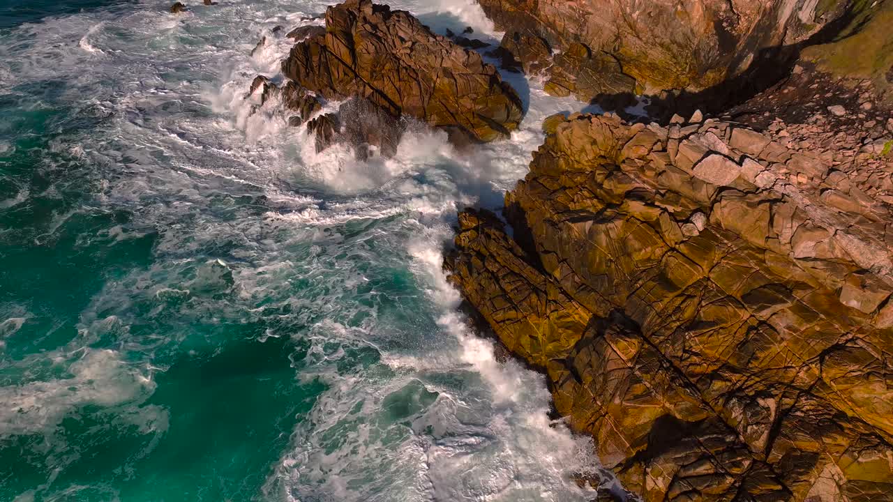 Rugged Coastline With Treacherous Waves At The Costa da Morte In Galicia, Spain. Aerial Pullback Shot